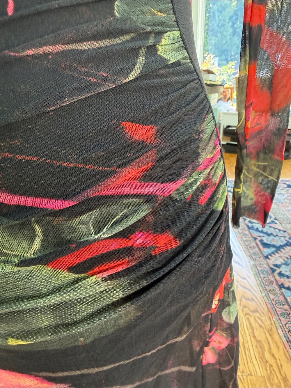 Jean Paul Gaultier Black Sheer Long-Sleeve Dress with Red and Green Floral Print - Picture 5 of 7